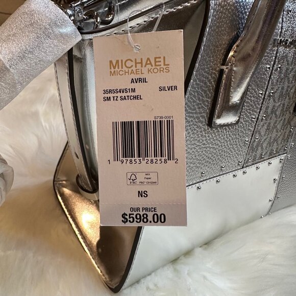 NWT Michael MICHAEL KORS- Avril Small Metallic Studded Patchwork Satchel - Picture 7 of 10